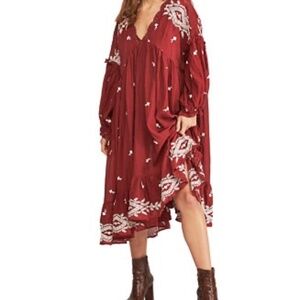 Free People Lavender Fields Brick Red Oversized Midi Dress with Slip Size XS